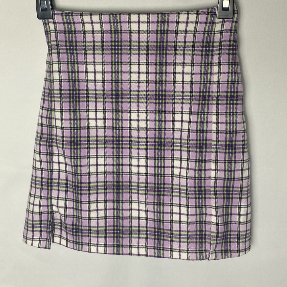 John Galt, womens plaid skirt, estimated size XXS, purple, white, black, green